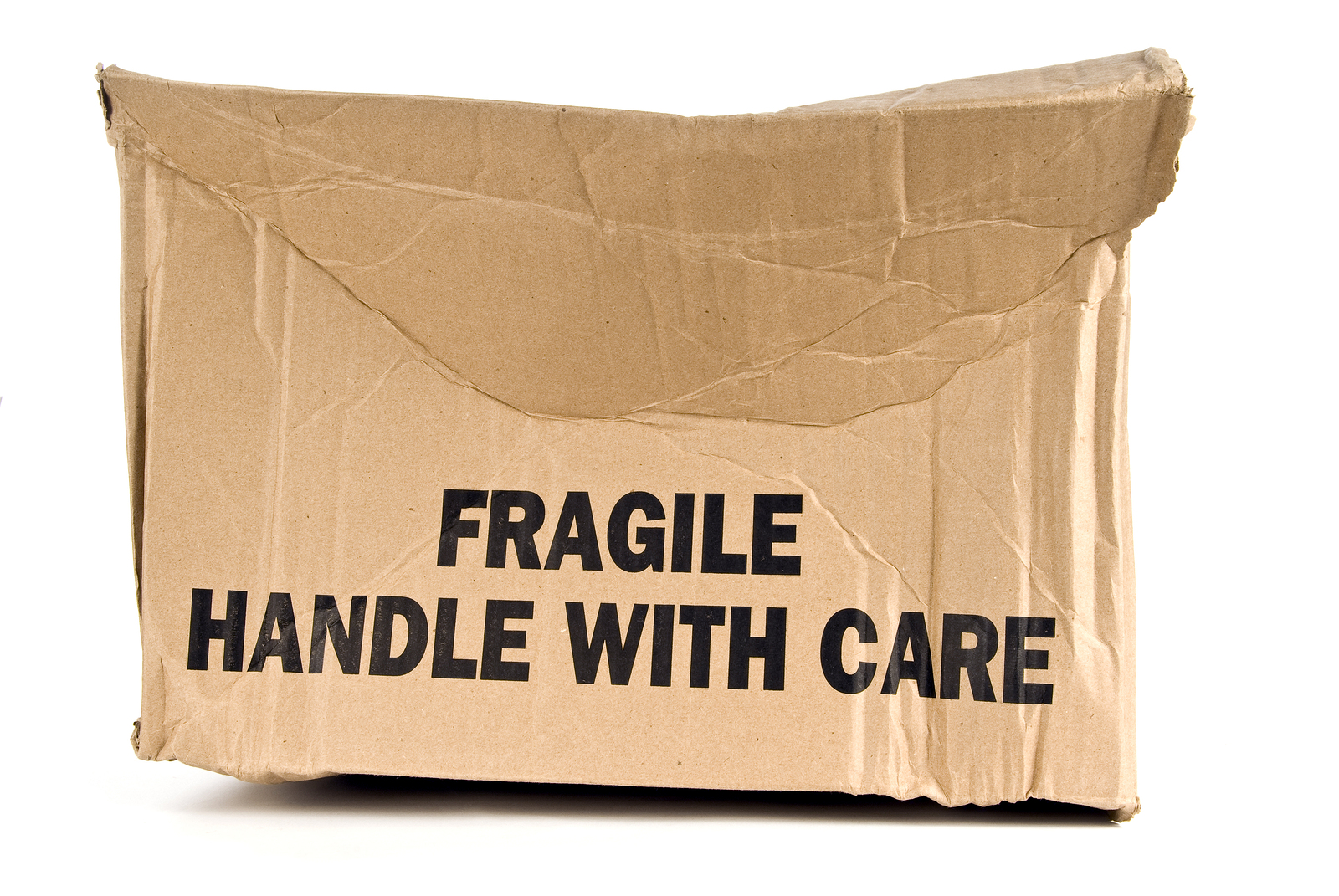 Damaged fragile brown cardboard box